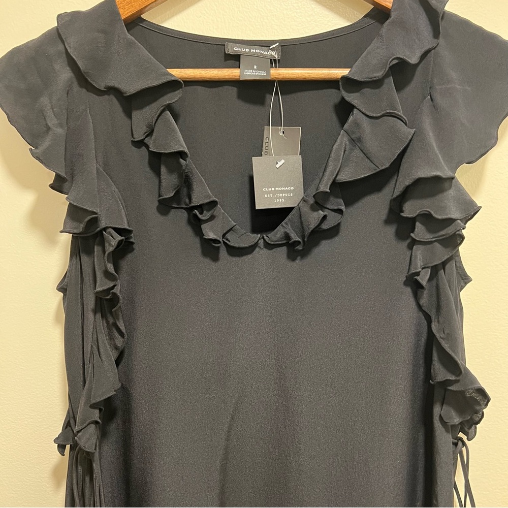 Club Monaco NWT Kiefira Mini Dress in Black, 100% Silk, Ruffles Side Ties, 2 - Picture 6 of 12